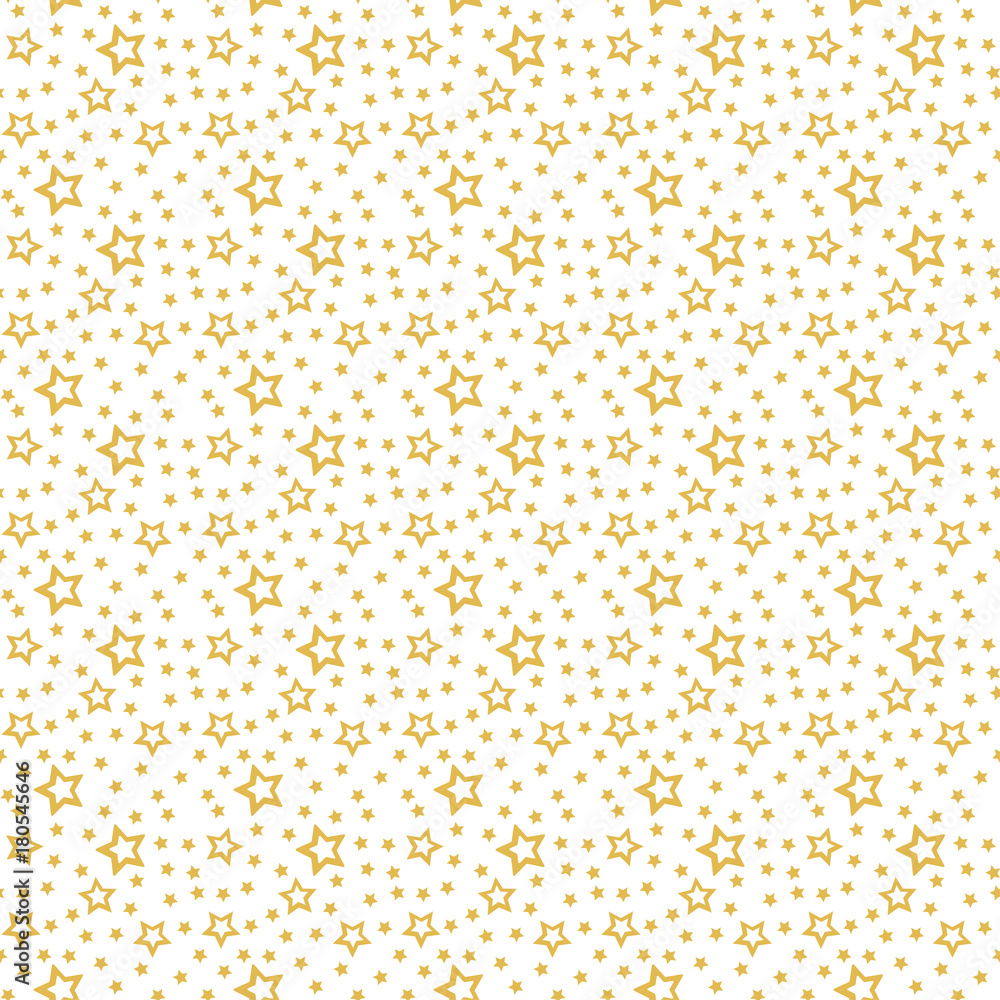 Golden Stars on white background. Christmas snowy seamless pattern. Winter holiday vector illustration.