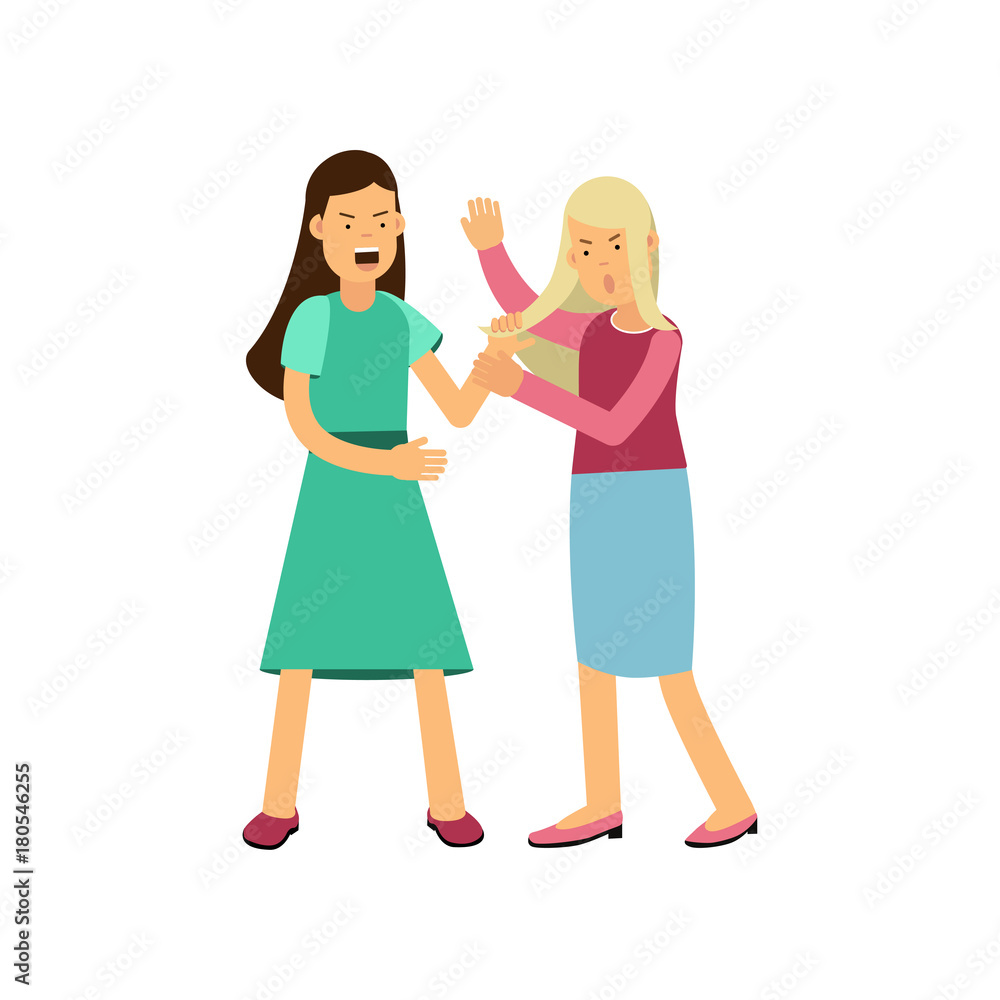 Cartoon flat vector illustration of furious woman drags young girl by hair and making loud public scandal Cartoon flat vector illustration of furious woman drags young girl by hair and making loud public scandal