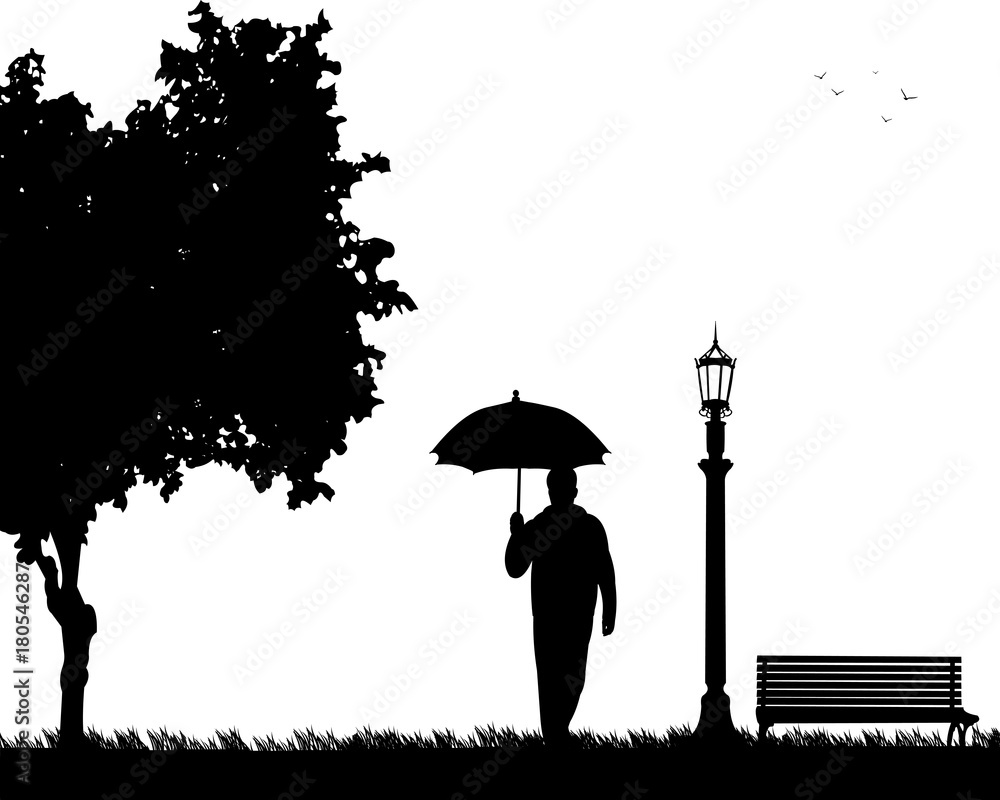 Young man walking under the umbrella in park in autumn or fall, one in the series of similar images silhouette