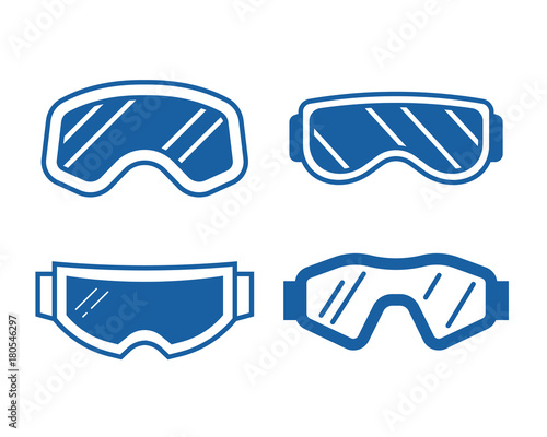 Snowboard or ski goggles icons set in line style. Skiing or snowboarding face protection glasses logo or label template in outline design.