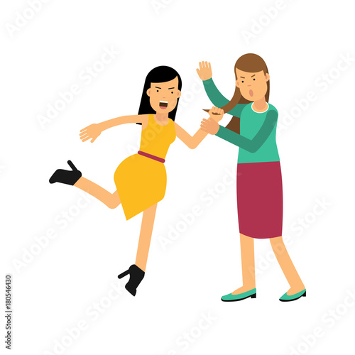 Cartoon angry woman character in yellow dress attacking young girl and drags her by hair