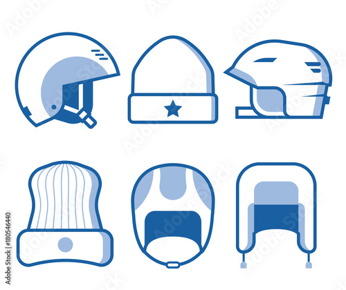 Extreme sport head wear icon set. Skiing and snowboarding helmets and caps line icons. Snowboarder protective hat in outline design. Winter activity headgear in monochrome.
