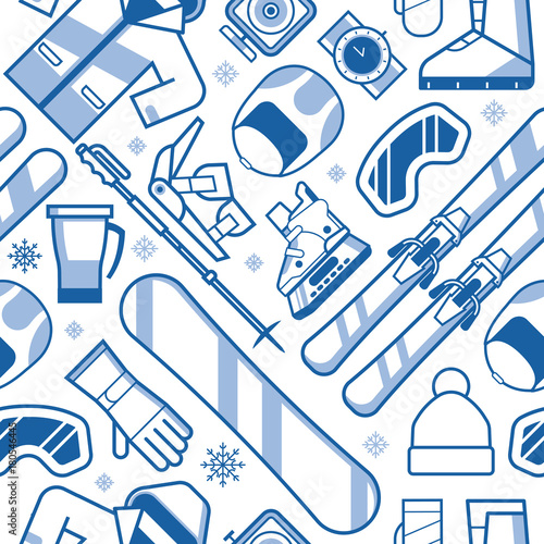Extreme lifestyle seamless background with skiing and snowboarding equipment in thin line style. Winter sports pattern with snow games and activity outline icons including snowboard, ski, skates.
