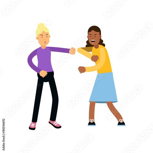 Illustration of conflict between two aggressive women, fighting people. Aggressive and violent behavior.