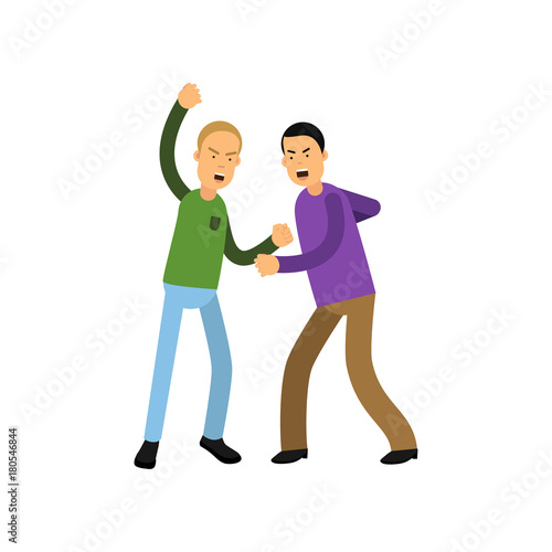 Flat vector illustration of two young men fighting with fists isolated on white background