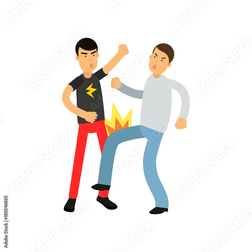 Flat vector illustration of angry man in gray sweater punches young guy in t-shirt with flash.
