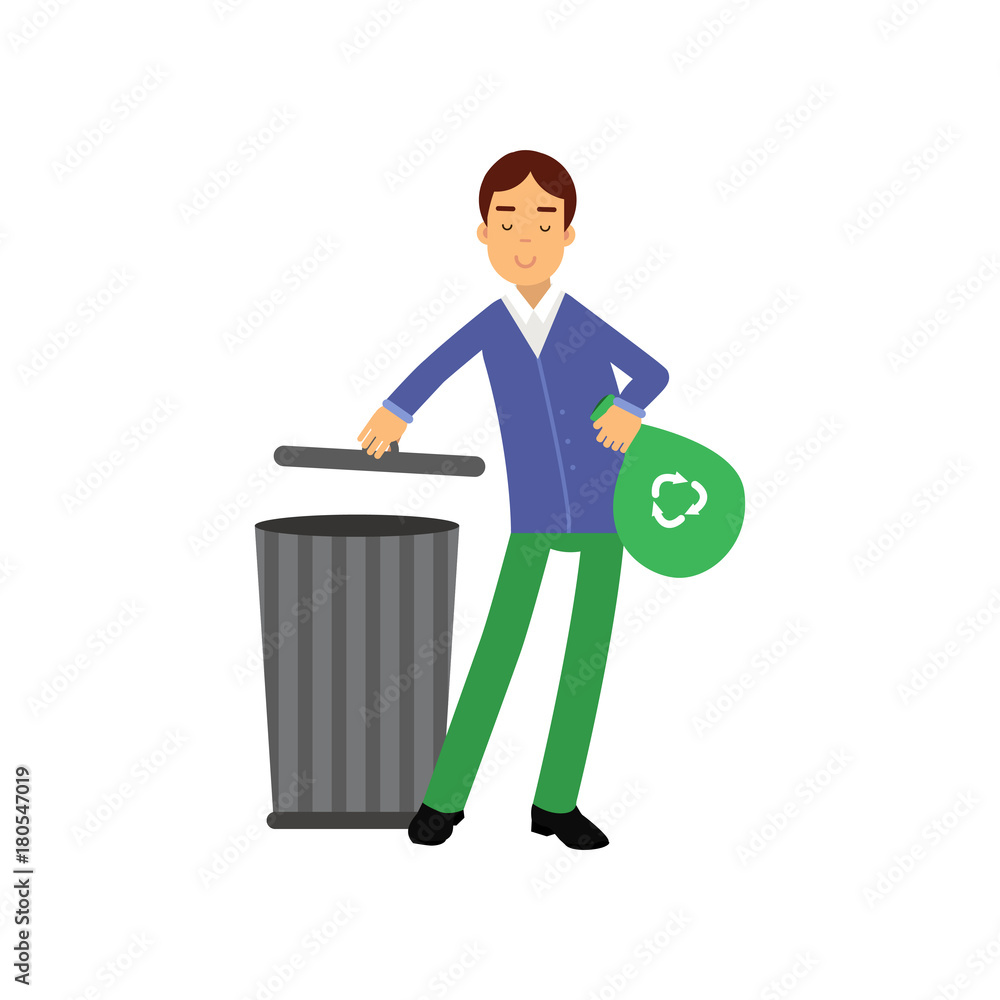 Happy man cartoon character throwing garbage into the waste tank, ecologically clean world Happy man cartoon character throwing garbage into the waste tank, ecologically clean world