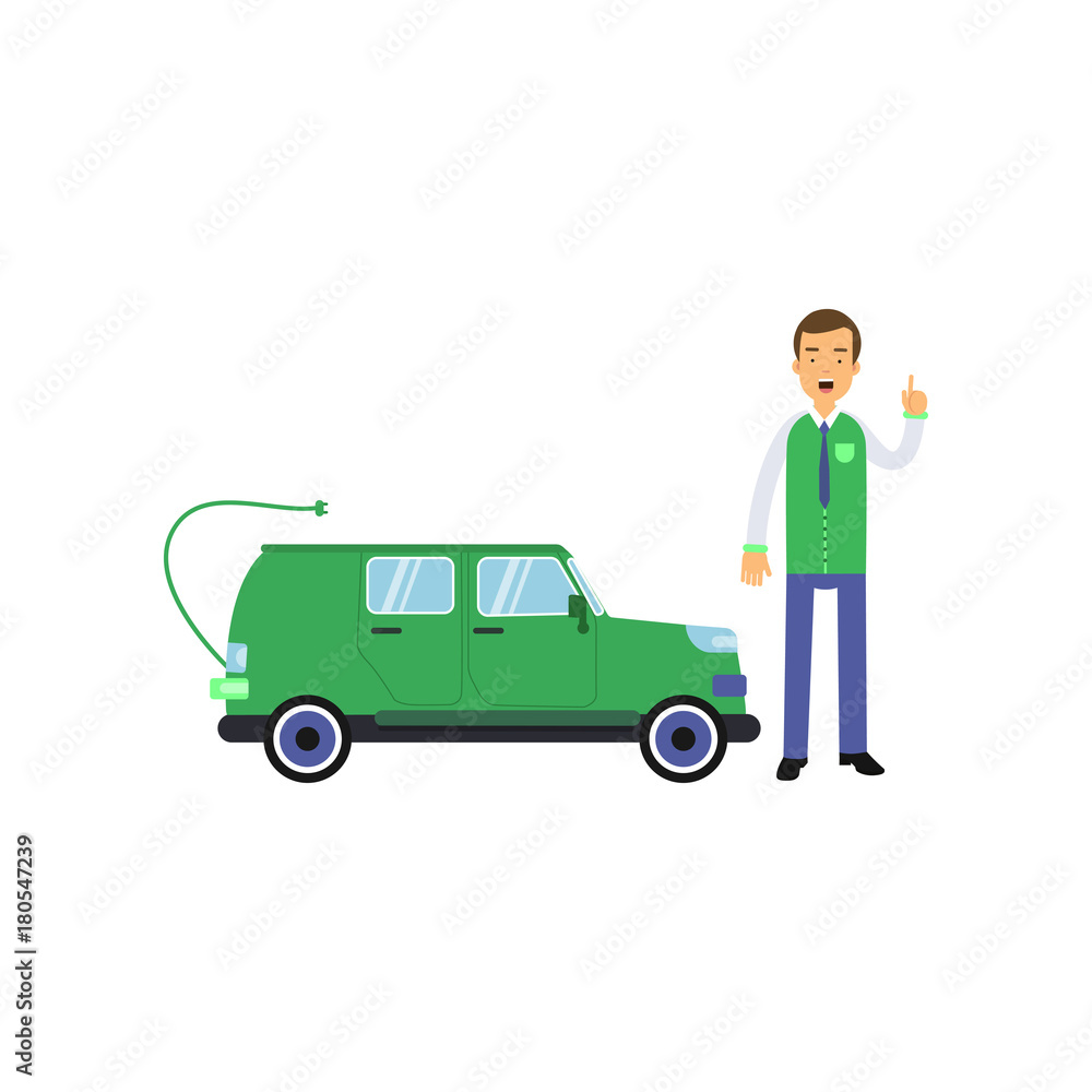 Happy man seller cartoon character standing with hand up and showing electric car, clean world concept Happy man seller cartoon character standing with hand up and showing electric car, clean world concept