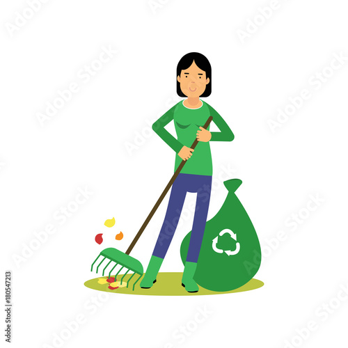 Happy woman cleaning and raking leaves, save green world, ecological concept