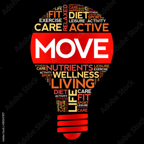 MOVE bulb word cloud collage, health concept background