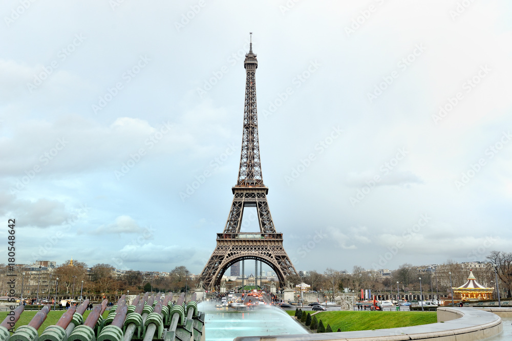 Fototapeta premium Eiffel tower panoramic view in a cloudy day, Paris, France