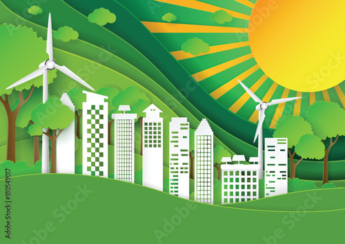 Green city with nature landscape and sunshine paper art style.Save the world and environment concept for green energy.Vector illustration.