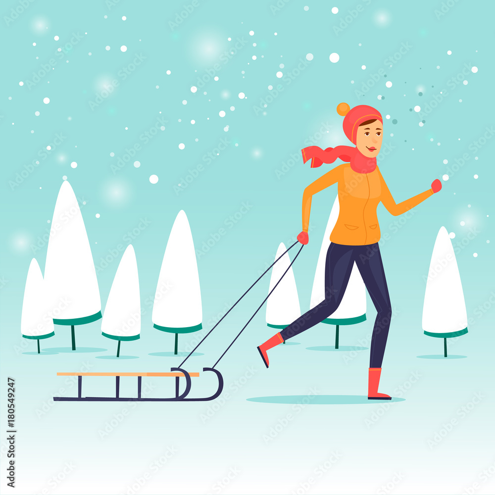 Boy is dragging the sleigh. Winter, snow, fun. Flat design vector illustration. Boy is dragging the sleigh. Winter, snow, fun. Flat design vector illustration.