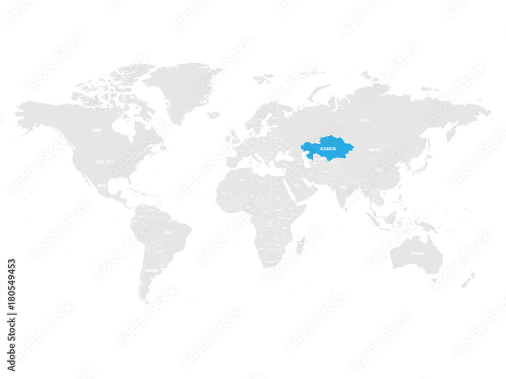 Kazakhstan marked by blue in grey World political map. Vector illustration.