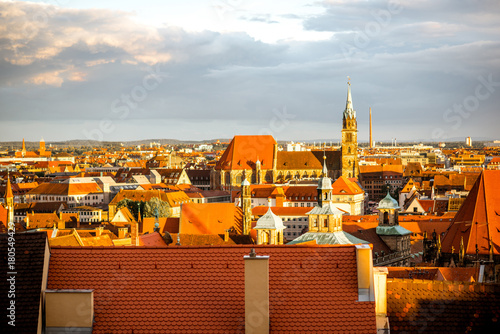 Cityscape view on the old town of Nurnberg city during the sunset in Germany