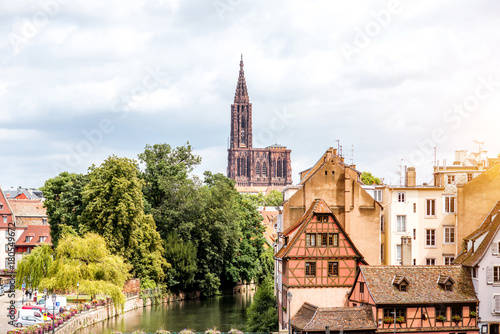 Cityscape view on the old town with beautiful buildings and cathedral in Strasbourg city in France