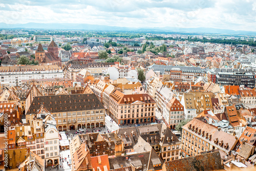 Aerial cityscape view on the old town with beautiful rooftops in Strasbourg city, France