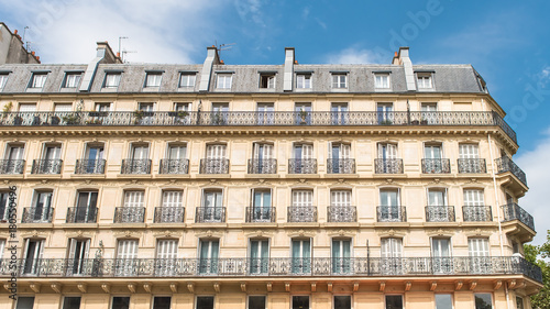 Paris, typical facade in the center, beautiful building 