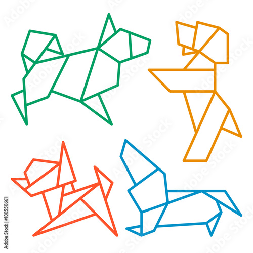 Vector Origami Dogs Icon Set. Abstract Low Poly Pet Dog Breed Sign Silhouette Isolated on White. Freehand Drawn Paper Folding Art Emblem. Template Geometric Logo Design. 2018 Chinese New Year Symbol