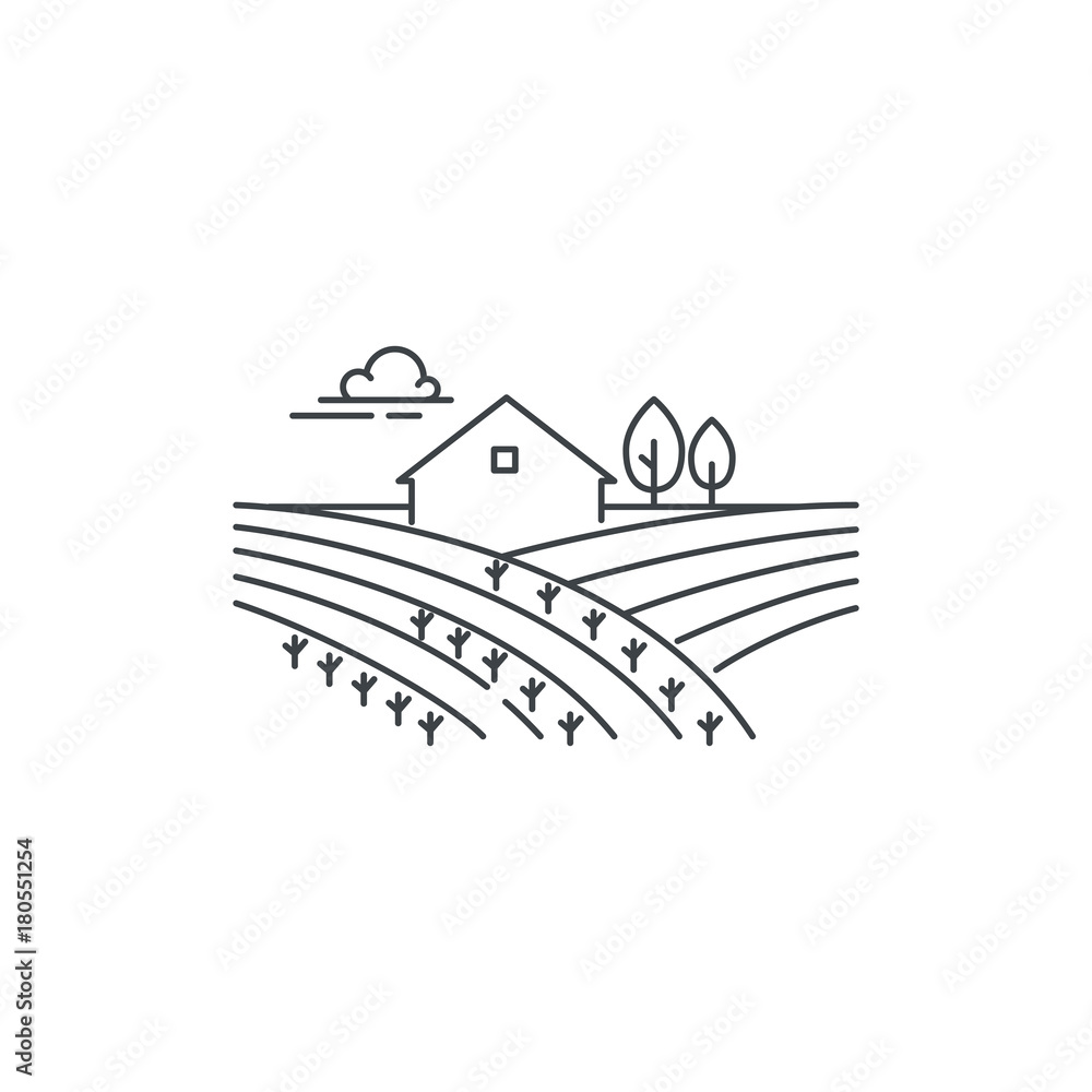Farmhouse on the field line icon. Outline illustration of landscape, vector linear design isolated on white background. Farm logo template, element for agriculture business, line icon object.