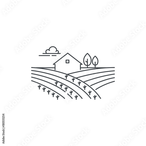 Farmhouse on the field line icon. Outline illustration of landscape, vector linear design isolated on white background. Farm logo template, element for agriculture business, line icon object.
