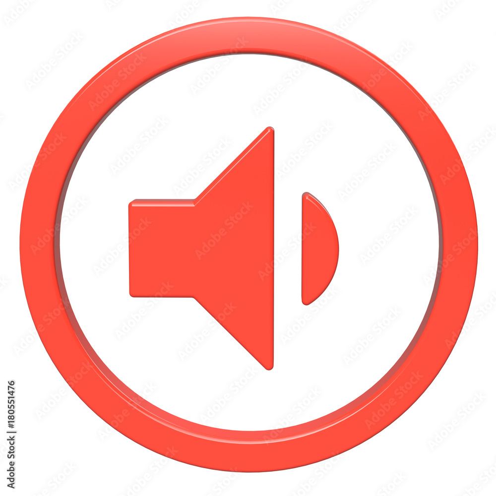Volume down icon. Red round 3d button with frame Volume down icon. Red round 3d button with frame