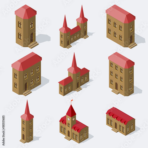 Isometric european buildings set.