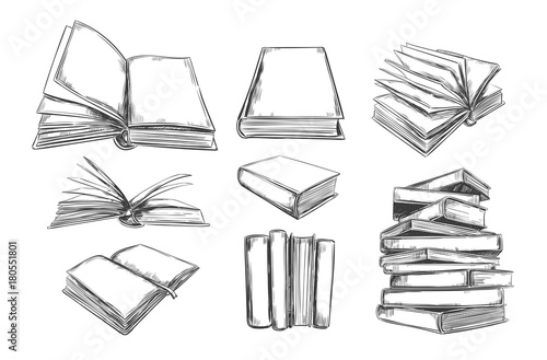 Books vector collection. Pile of books. Hand drawn illustration in sketch style. Library, Books shop