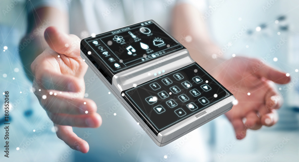 Businessman using smart home remote device 3D rendering Businessman using smart home remote device 3D rendering