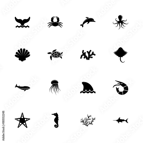 Marine Life icons - Expand to any size - Change to any colour. Flat Vector Icons - Black Illustration on White Background. © Valentyna