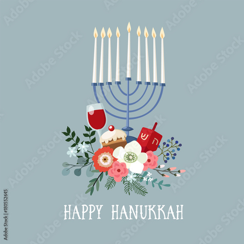 Happy Hanukkah greeting card, invitation with hand drawn candleholder, dreidle, donut and floral bouquet. Vector illustration for Jewish Festival of light.