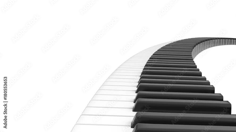 Piano black and white keys in the infinity curve path. 3D render animation isolated on the background. Piano black and white keys in the infinity curve path. 3D render animation isolated on the background.