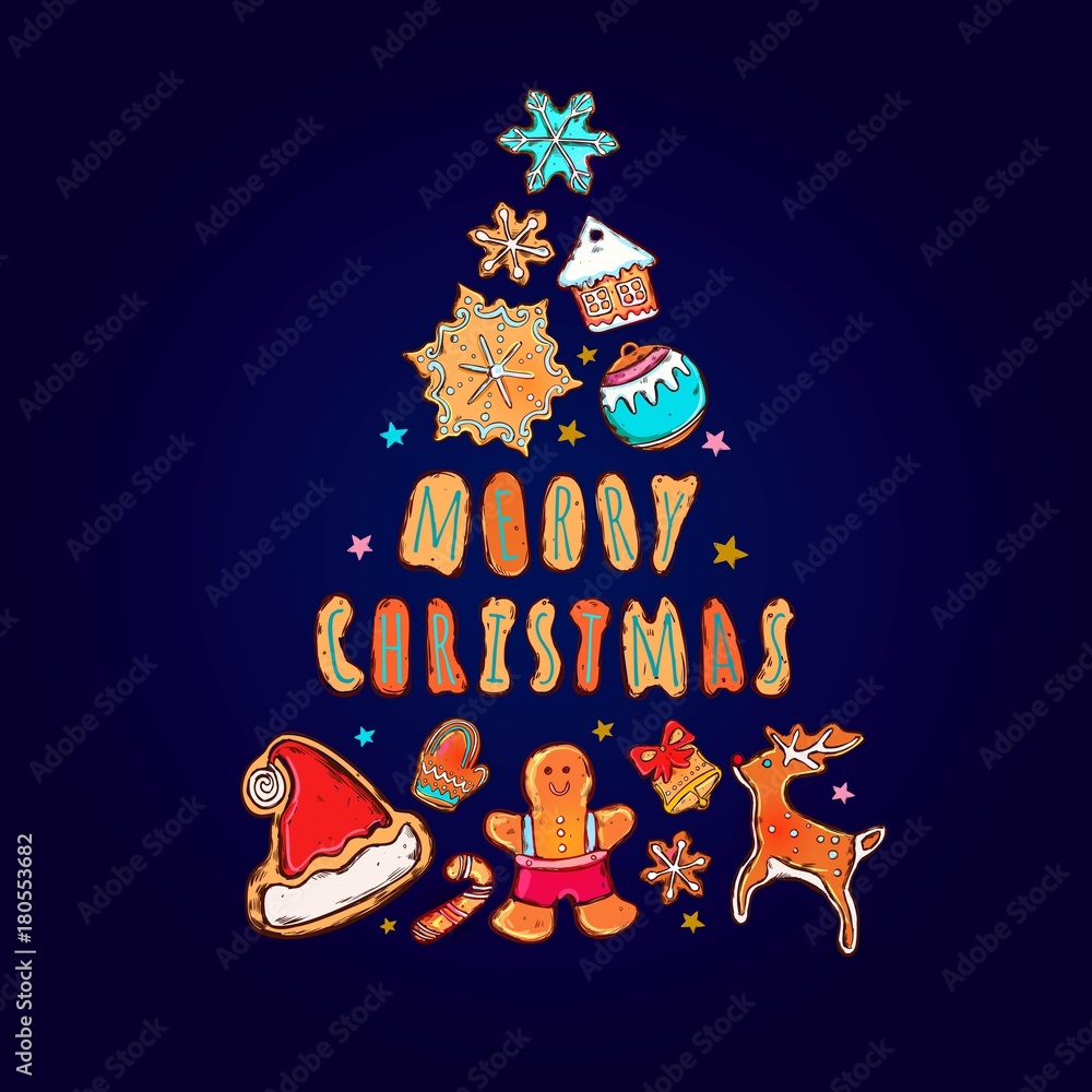 Fototapeta premium Merry Christmas and Happy New Year concept. Christmas tree from gingerbread. Cartoon style. Vector hand drawn illustration