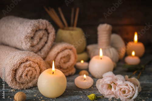 Beautiful spa composition with candles on table