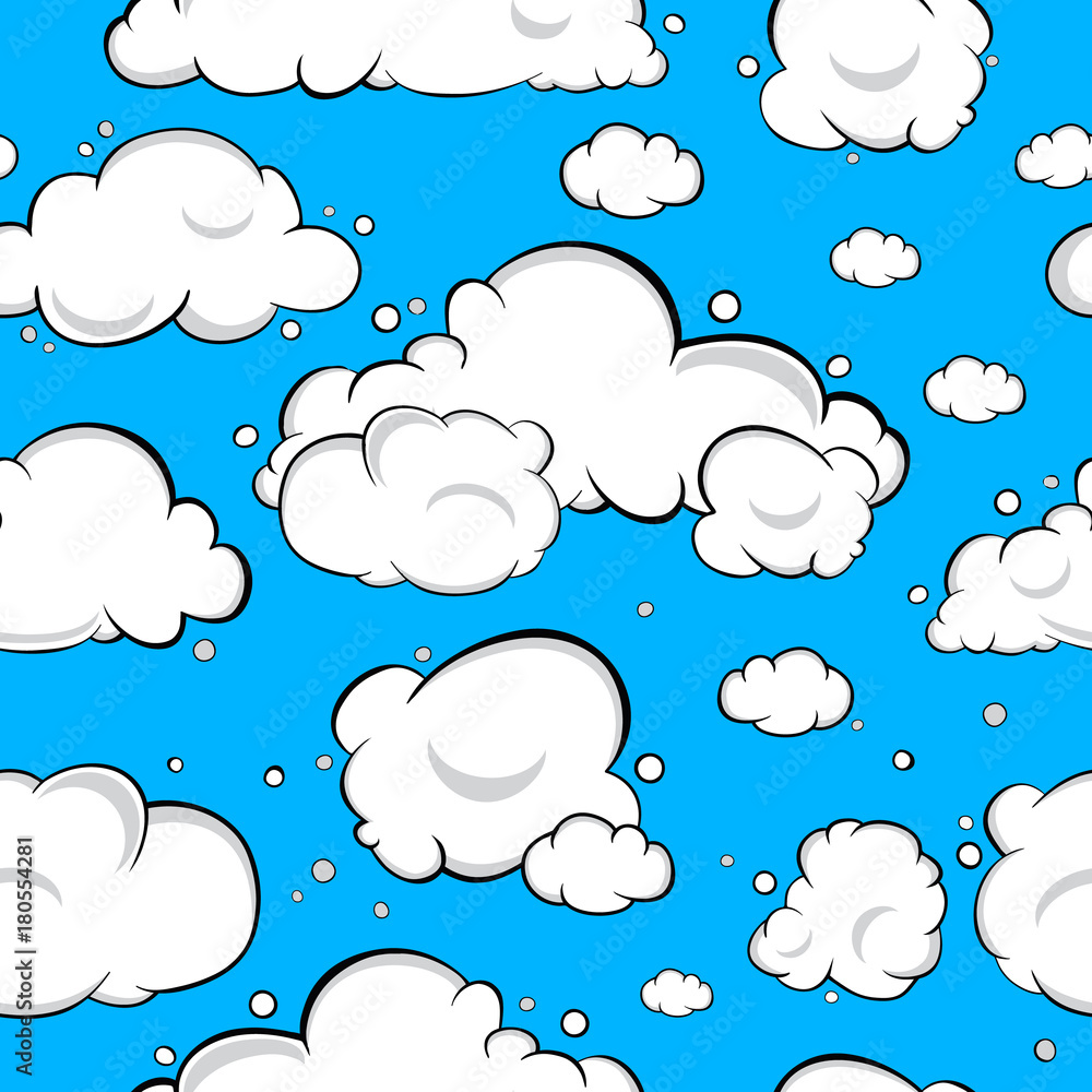 Obraz premium Seamless pattern. Clouds. White clouds pattern, blue background. Vector, flat illustration