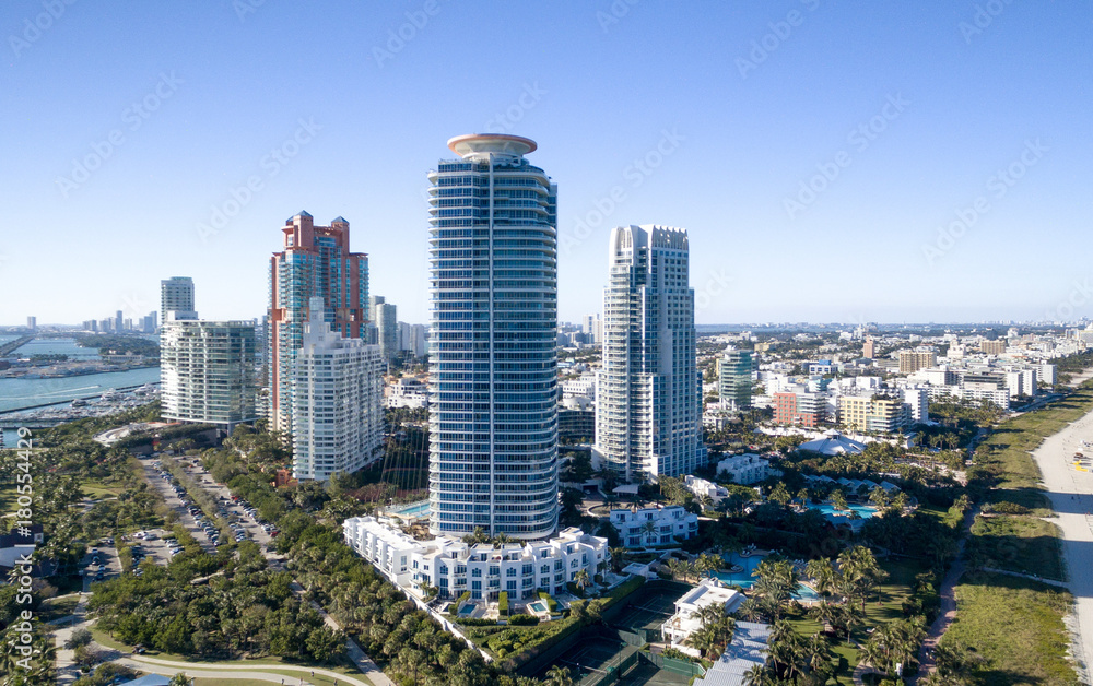 Miami South Pointe skyscrapers and ocean - Aerial view Miami South Pointe skyscrapers and ocean - Aerial view