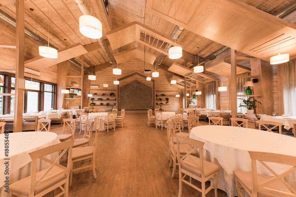 Empty restaurant with wooden interior Empty restaurant with wooden interior