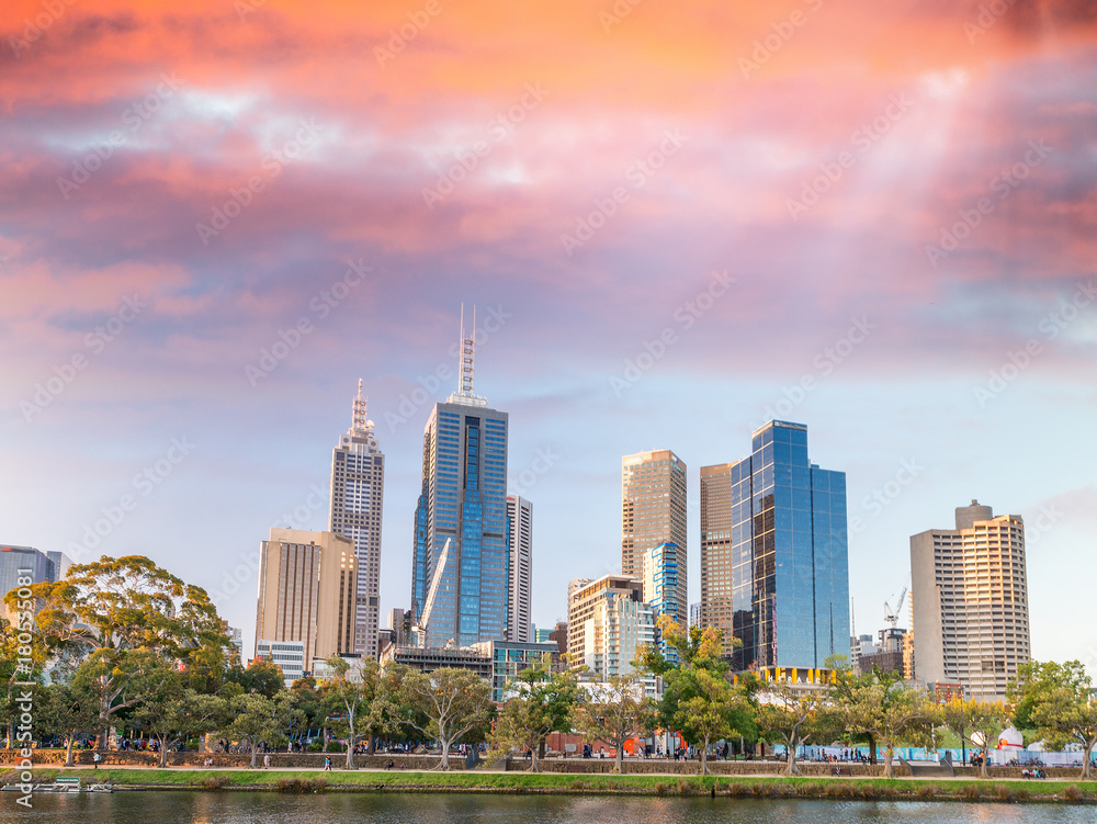 Skyline of Melbourne at sunset, Australia