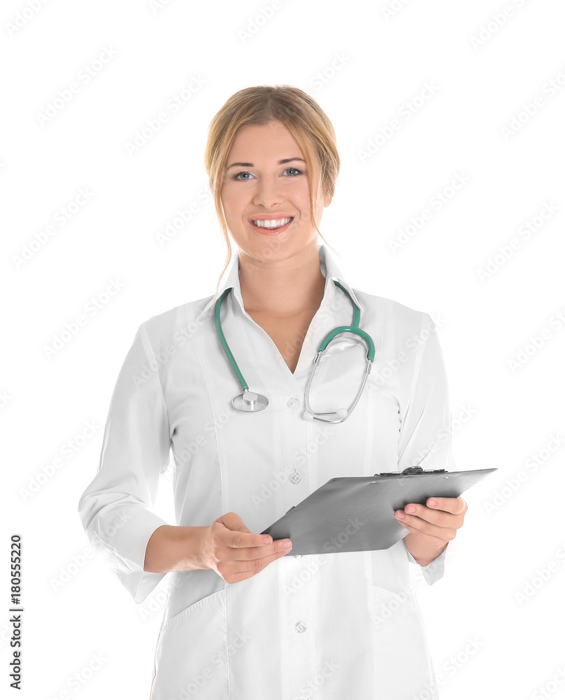 Doctor with clipboard on white background Doctor with clipboard on white background