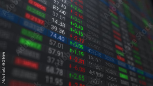 3d render Stock market chart or data on LED display. Various type of financial and investment products in Bond market. Data analyzing in forex market trading: the charts and summary info