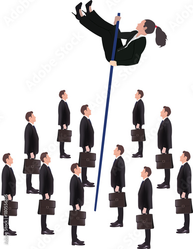 donna salta gruppo di colleghi uomini