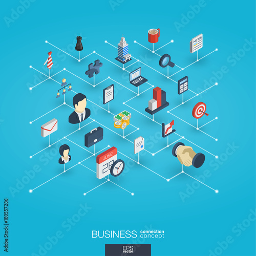 Business integrated 3d web icons. Digital network isometric interact concept. Connected graphic design dot and line system. Abstract background for market mission and strategy plan. Vector Infograph