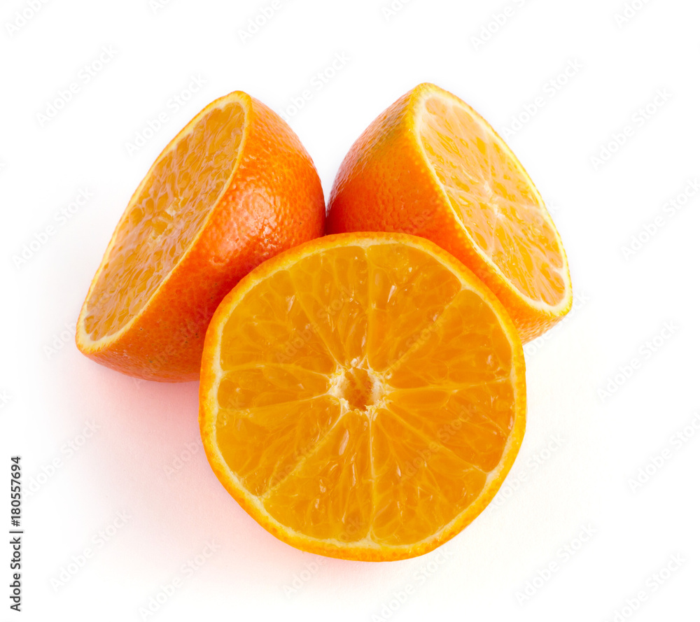 Fototapeta premium Orange fruit sliced juicy isolated on white background, closeup