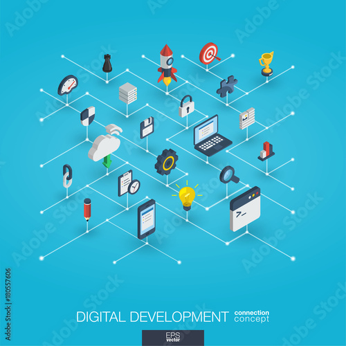 Development integrated 3d web icons. Digital network isometric interact concept. Connected graphic design dot and line system. Abstract background for programming, coding, app design. Vector Infograph