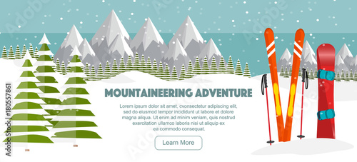 Ski, snowboard equipment, Swiss Alps, fir trees, falling snow, mountains panoramic background, flat vector illustration. Ski resort season is open. Winter web banner design.