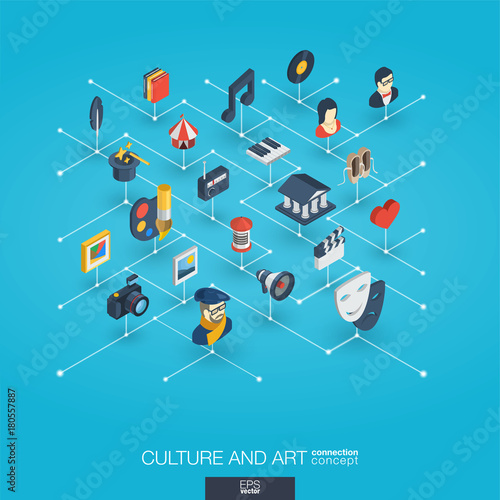 Culture, art integrated 3d web icons. Digital network isometric interact concept. Connected graphic design dot and line system. Background for theater artist, music, circus show bill. Vector Infograph