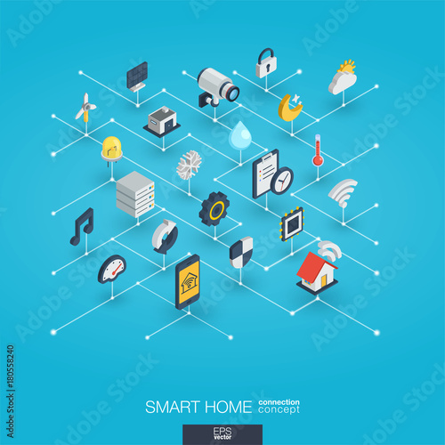 Smart home integrated 3d web icons. Digital network isometric interact concept. Connected graphic design dot line system. Abstract technology background for automation house security. Vector Infograph