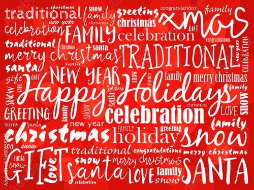 Happy Holidays and Happy New Year. Christmas background word cloud, holidays lettering collage