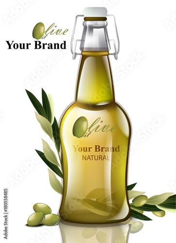 Olive oil Vector. Realistic bottle product. Label design packagings