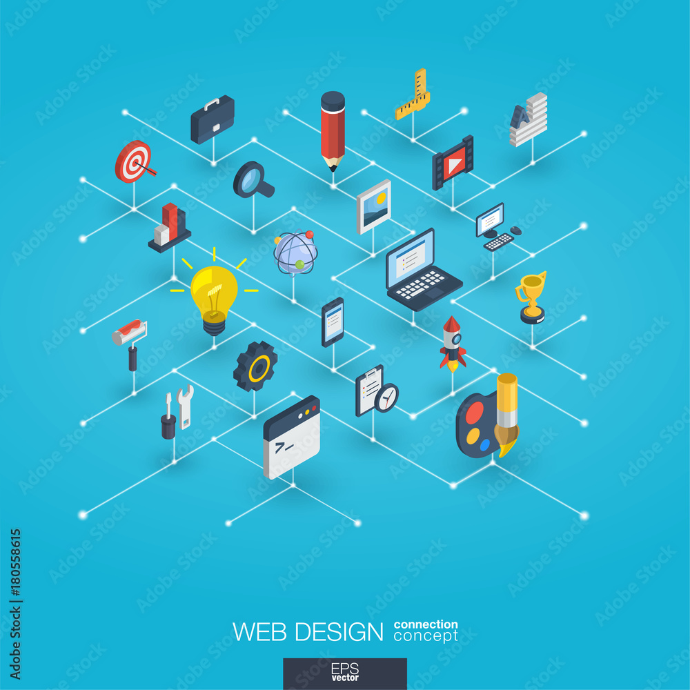 Web development integrated 3d icons. Digital network isometric interact concept. Connected graphic design dot and line system. Abstract background for seo, website, app design. Vector Infograph